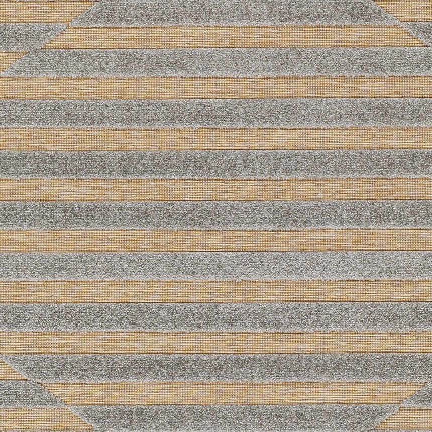 Close-up of the Webuye 3D Outdoor Area Rug. Features a striped geometric pattern in dark gray and multi brown. Swatch