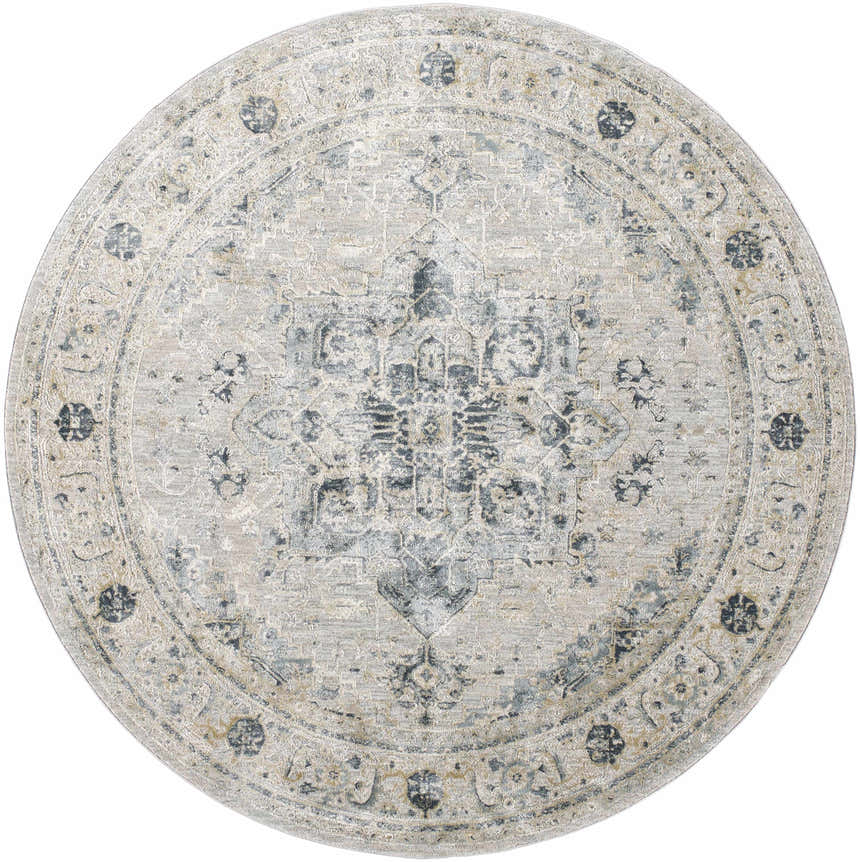 Close-up of the round Whangamata Thick Luxe Boutique Rug. Features a traditional pattern in dusty sage, light gray, and teal. Design-Round-67
