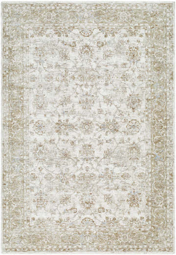 Close-up of the Arella Area Rug. Farmhouse style rug in ivory, sandstone, slate gray, and taupe with a traditional floral pattern. Design-Rectangle-6796