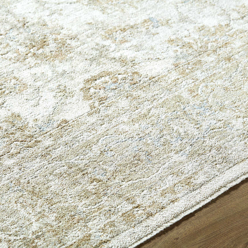 Close-up of the machine-woven Arella Area Rug. Ivory, sandstone, slate gray, and taupe colors with a traditional pattern. Texture