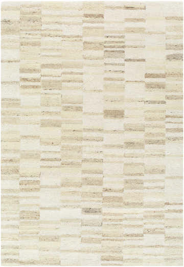 Close-up of the Axelle Area Rug. Hand-tufted wool rug in ash and pearl with a contemporary, geometric block design. Design-Rectangle-576