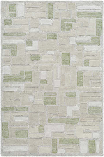 Close-up of the Alaqua Area Rug. Hand-tufted wool rug in ash, desert sand, slate blue, and sterling gray. Contemporary style. Design-Rectangle-576