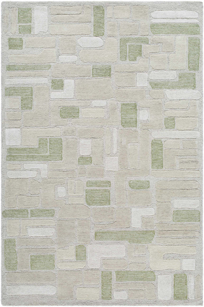 Close-up of the Alaqua Area Rug. Hand-tufted wool rug in ash, desert sand, slate blue, and sterling gray. Contemporary style. Design-Rectangle-576