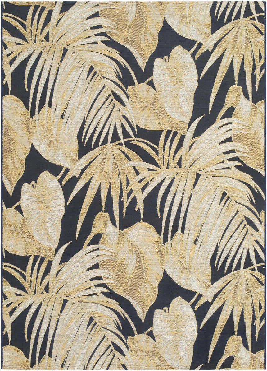 Close-up of the Amirah Midnight Blue Area Rug featuring a goldenrod palm leaf pattern on a dark blue background. Design-Rectangle-57