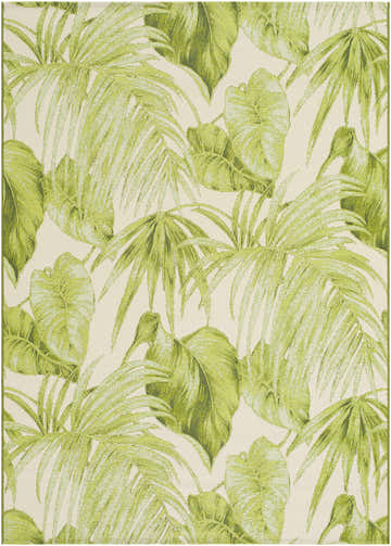 Close-up of the Amirah Green Area Rug featuring a tropical leaf pattern in shades of olive and ivory. Design-Rectangle