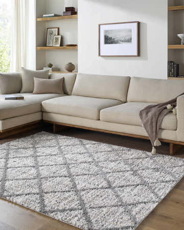 Living room with a neutral sectional and the Anuhea Off White area rug featuring a geometric pattern. Roomscene-Rectangle