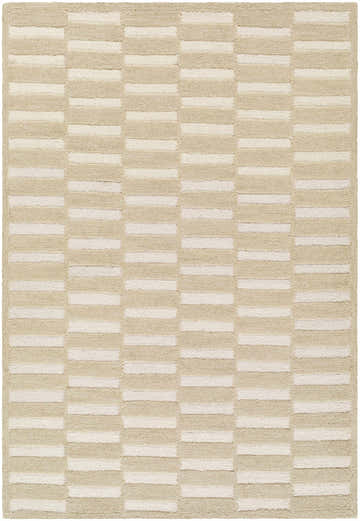 Close-up of the Uther Area Rug. Hand-tufted 100% wool rug with a contemporary beige and ivory horizontal stripe pattern. Design-Rectangle-576