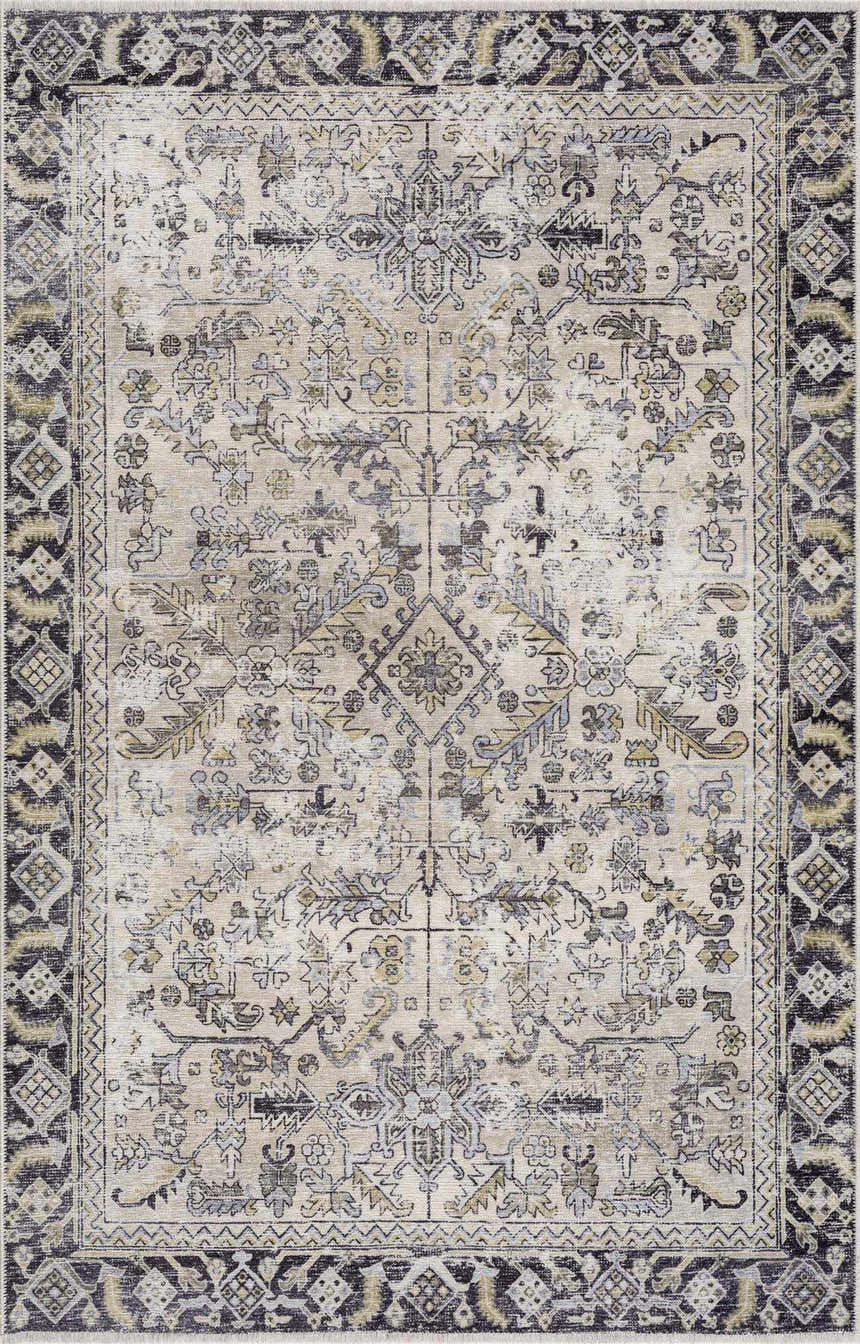 Close-up of the Holi-4606 Washable Area Rug. Traditional vintage style with black, gold, and neutral tones. Machine printed design. Design-Rectangle-5373