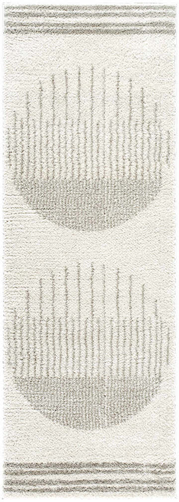 Close-up of the Apichu Gray Washable Area Rug, featuring a geometric circle and stripe design in medium gray on a light background. Design-Runner-2773