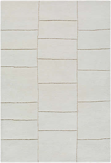 Close-up of the hand-tufted Xylia Beige Area Rug. Light silver and off-white wool rug with a contemporary block design. Design-Rectangle-576