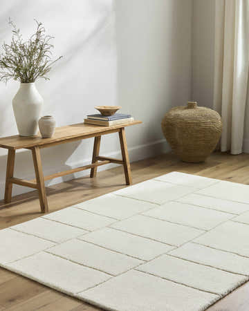 Neutral room scene with a light beige Xylia wool rug, wood bench, vases, and woven basket for a minimalist aesthetic. Roomscene-Rectangle