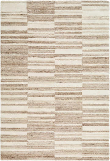 Close-up of the hand-tufted Yuuma Area Rug. Beige, off-white, and peach wool rug with a contemporary striped pattern. Design-Rectangle-576