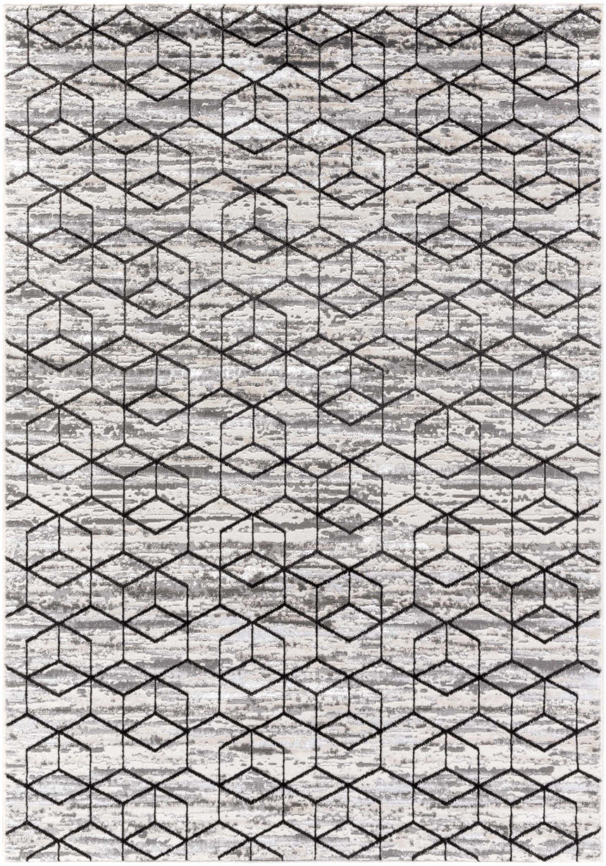 Close-up of the Yaqub Area Rug, featuring a black geometric pattern on a textured gray, off-white, and white background. Design-Rectangle-527