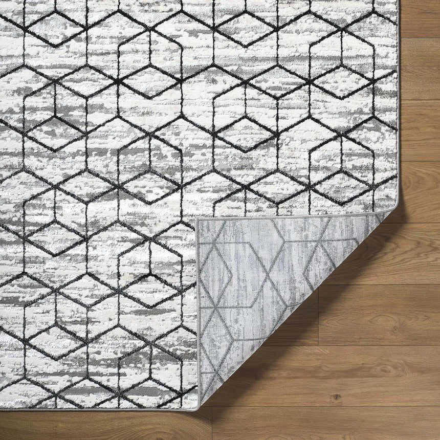 Close up of the Yaqub Area Rug showing its black geometric pattern on a white and gray textured background. Fold