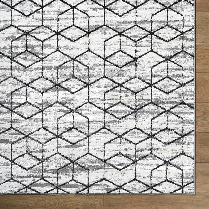 Close up of the Yaqub Area Rug featuring a black geometric pattern on a textured white and gray background. Corner