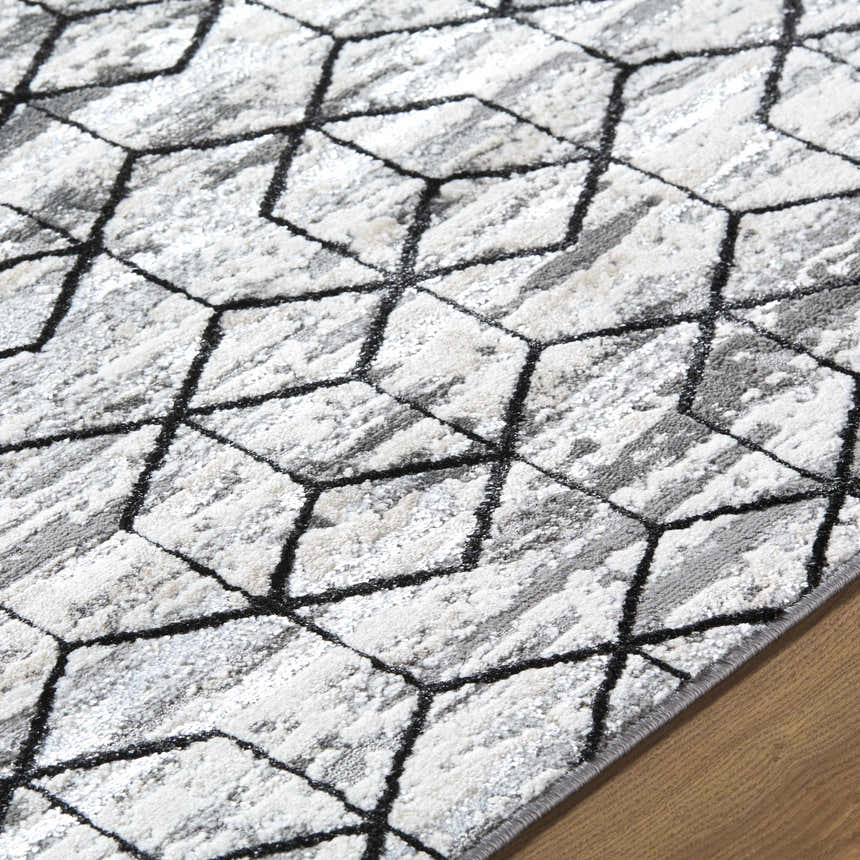 Close up of the Yaqub Area Rug showing its geometric black and gray cube pattern and soft texture. Texture