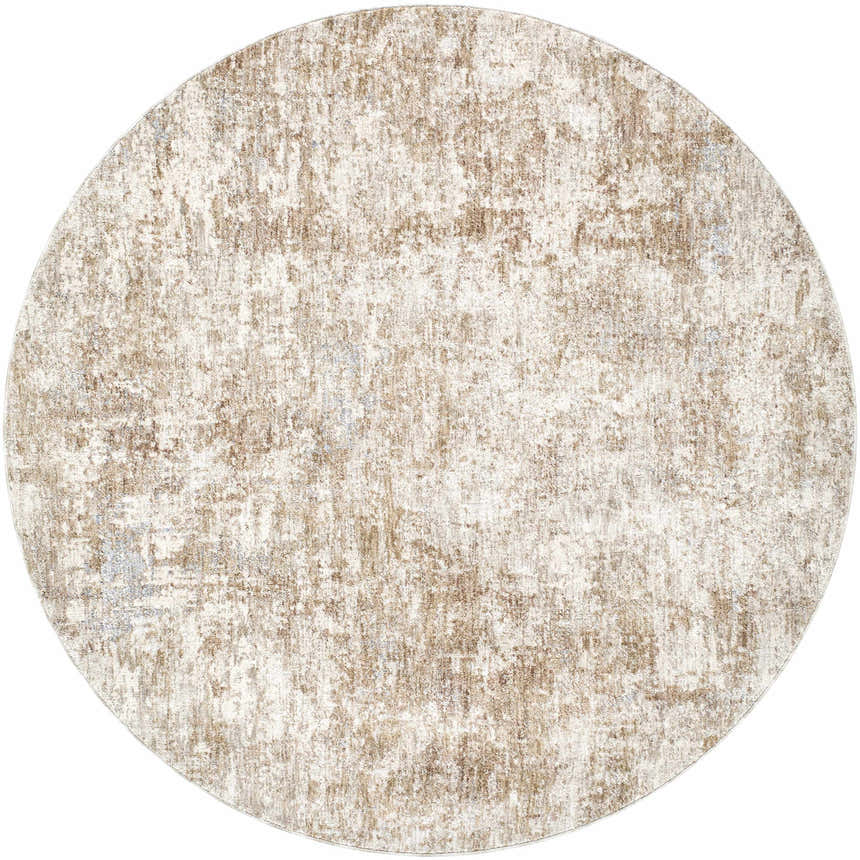 Close-up of round Yakov Area Rug with a contemporary abstract pattern in cream, tan, blue, and gray. Design-Round-53