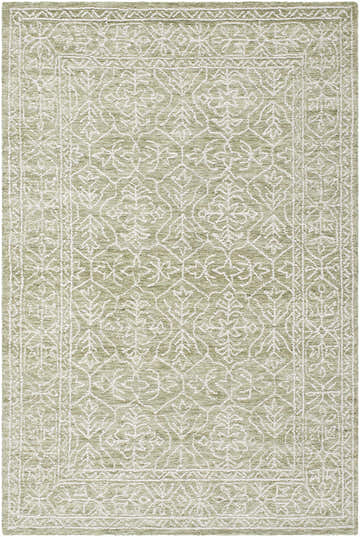 Close-up of the hand-tufted Yadid Green Wool Area Rug, featuring a traditional off-white floral pattern and border. Design-Rectangle-576