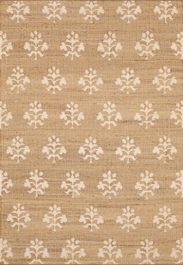 Close-up of the Albina Ivory Area Rug. Jute rug with a contemporary ivory floral pattern on a natural tan background. Design-Rectangle-913
