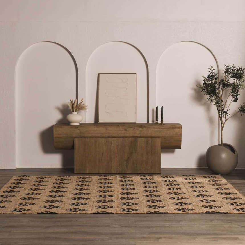Minimalist entryway with Albina Florentine Jute & Wool Rug, wood console table, arched wall details, and neutral accents. Roomscene-Rectangle