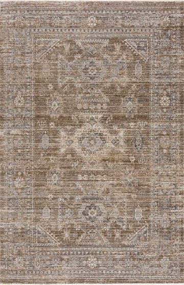 Close-up of the Yamir Washable Outdoor Rug. Dark brown and sage tones with a traditional vintage pattern. Design-Rectangle-5371