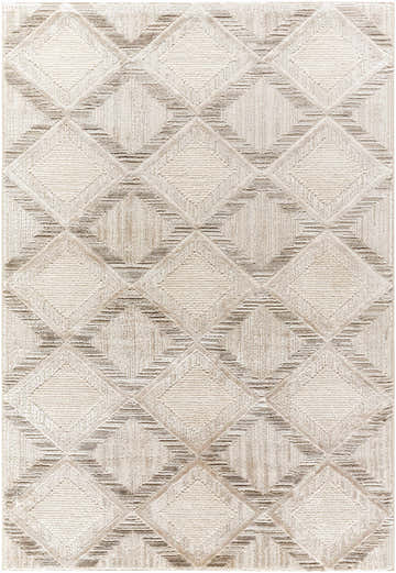 Close-up of the Yayoi Area Rug featuring a geometric diamond pattern in cream, ivory, light gray, and medium gray. Design-Rectangle-537