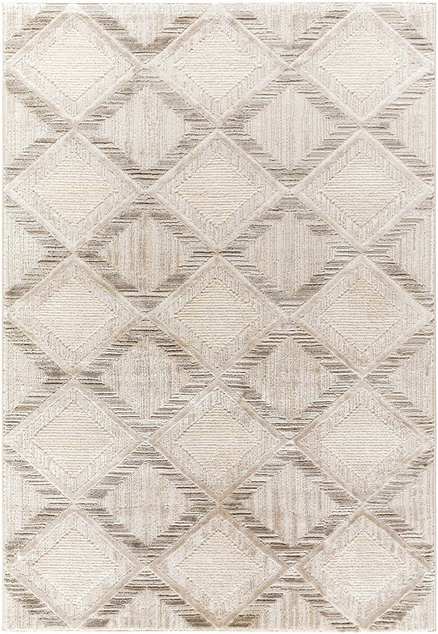 Close-up of the Yayoi Area Rug featuring a geometric diamond pattern in cream, ivory, light gray, and medium gray. Design-Rectangle-537