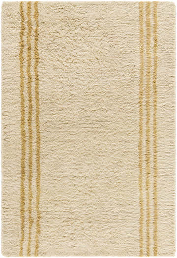 Close-up of the Yahto Area Rug. Hand-tufted wool rug in camel and desert tan with a simple stripe design. Design-Rectangle-576