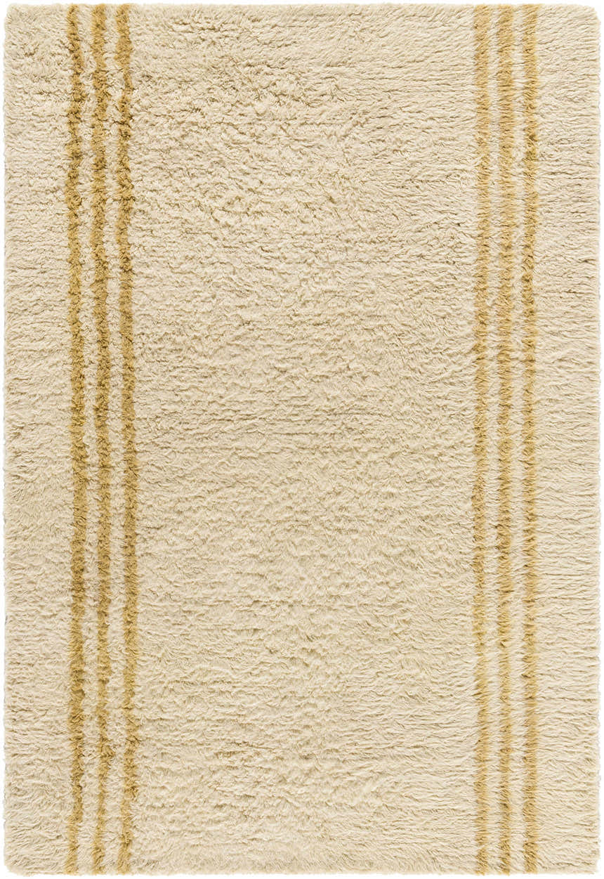 Close-up of the Yahto Area Rug. Hand-tufted wool rug in camel and desert tan with a simple stripe design. Design-Rectangle-576