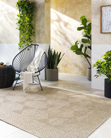Sunlit patio scene with a tan Anabia Brown Area Rug, modern chair, and potted plants. Roomscene-Rectangle