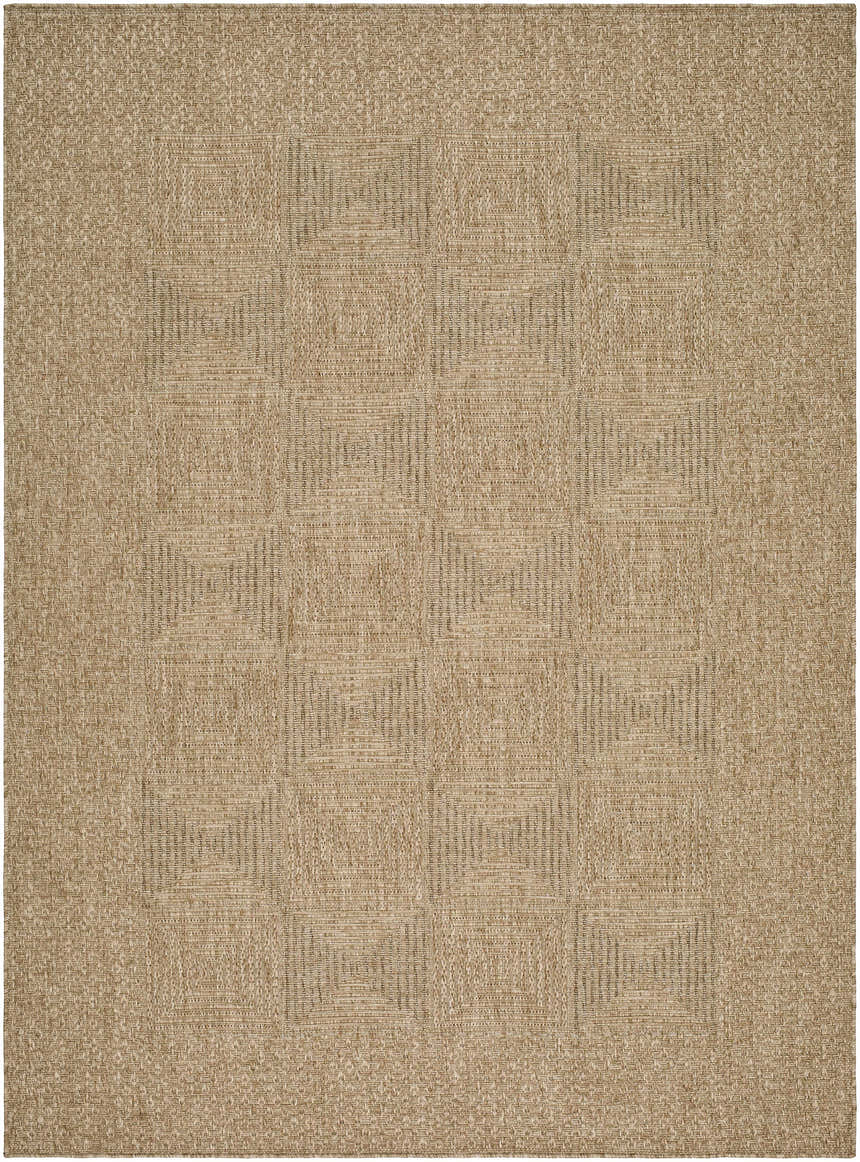 Close-up of the Anabia Brown Area Rug. Prairie dust and tan rug with a geometric square pattern and woven texture. Design-Rectangle-537