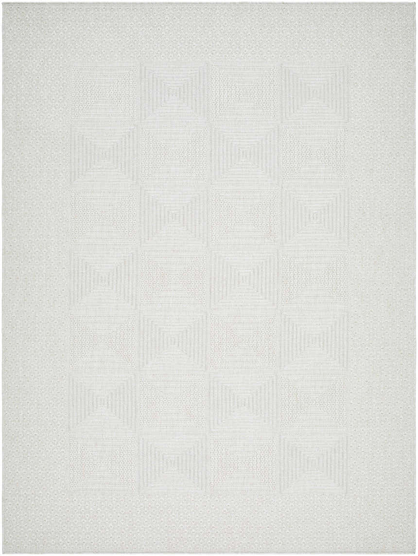 Close-up of the Anabia White Area Rug. Light silver color with a geometric square pattern and woven texture. Design-Rectangle-537