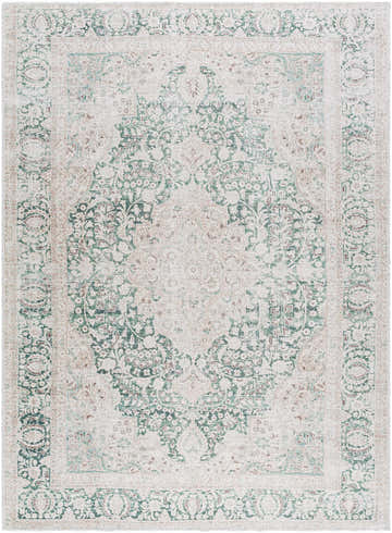 Close-up of Yanis Vintage Flat Pile Washable Rug, featuring a traditional cream, green, and olive floral pattern. Design-Rectangle-5373