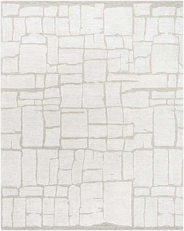 Close-up of the hand-tufted Yetty Ivory Area Rug. Features a contemporary stone gray brick-like pattern on soft ivory wool. Design-Rectangle-810