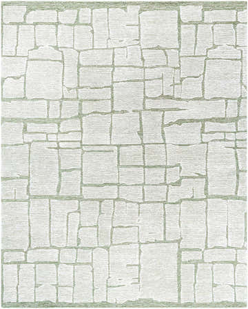 Close-up of the Yetty Sage Area Rug. Ivory wool rug with a contemporary sage and stone block pattern. Design-Rectangle-810