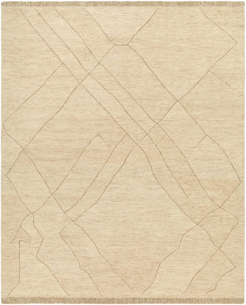 Close-up of the hand-tufted Addien Area Rug. 100% wool rug with a geometric line pattern in neutral beige tones. Design-Rectangle-810