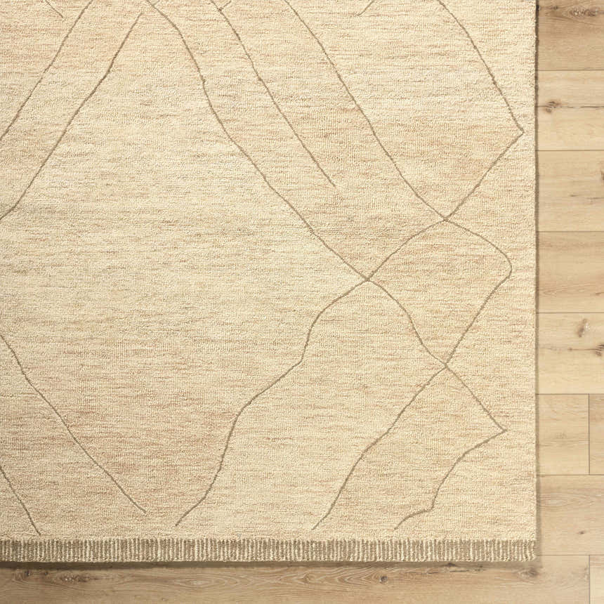 Close-up of the hand-tufted Addien Area Rug. Neutral wool rug with a subtle geometric pattern and textured pile. Swatch