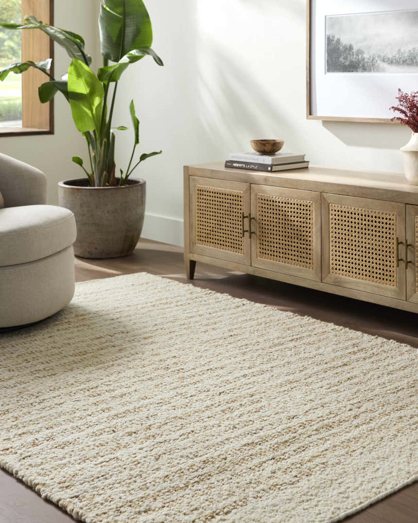 Living room scene with a tan Yaron Area Rug, light wood cabinet, beige chair, and potted plant. Roomscene-Rectangle