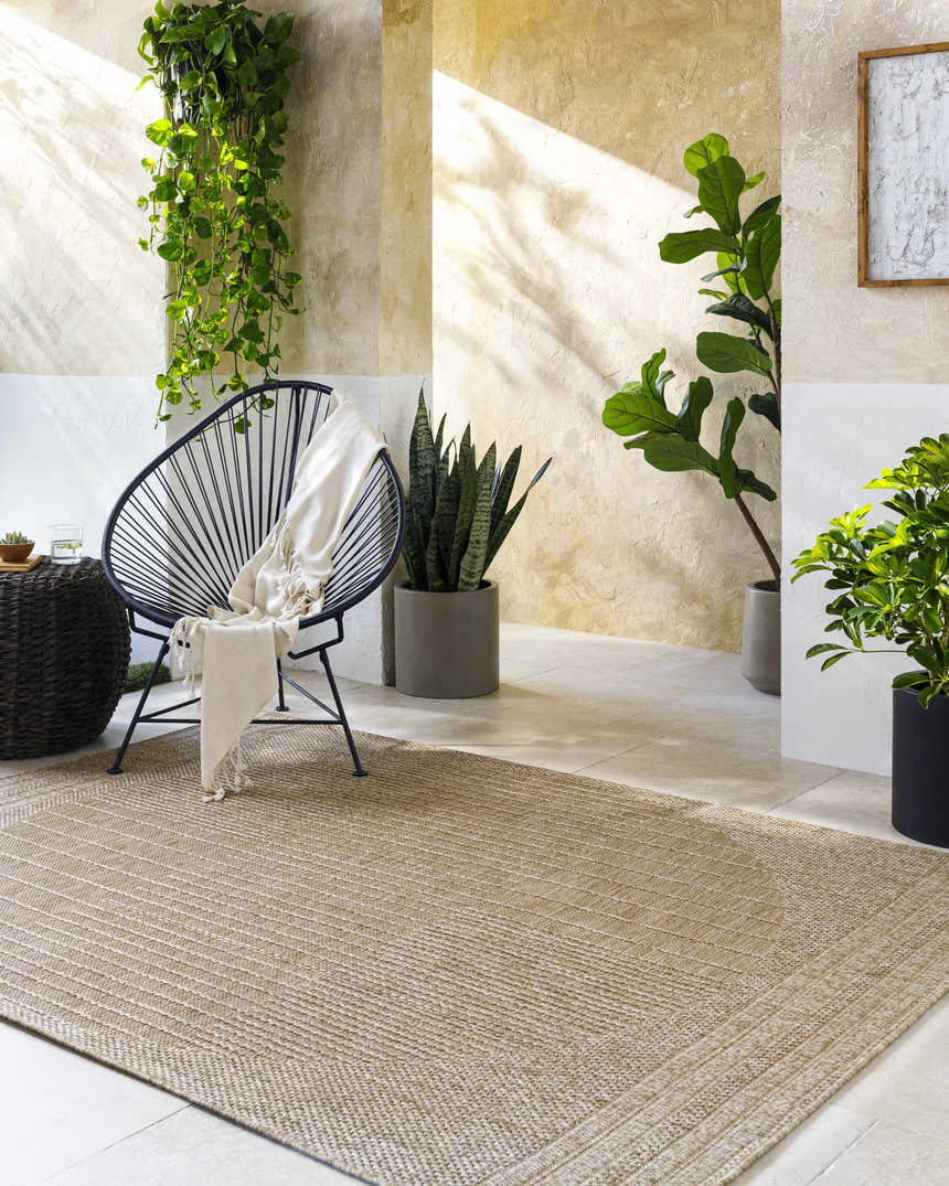 Sunlit patio scene with a tan Yuley Brown Area Rug, modern chair, and potted plants. Roomscene-Rectangle