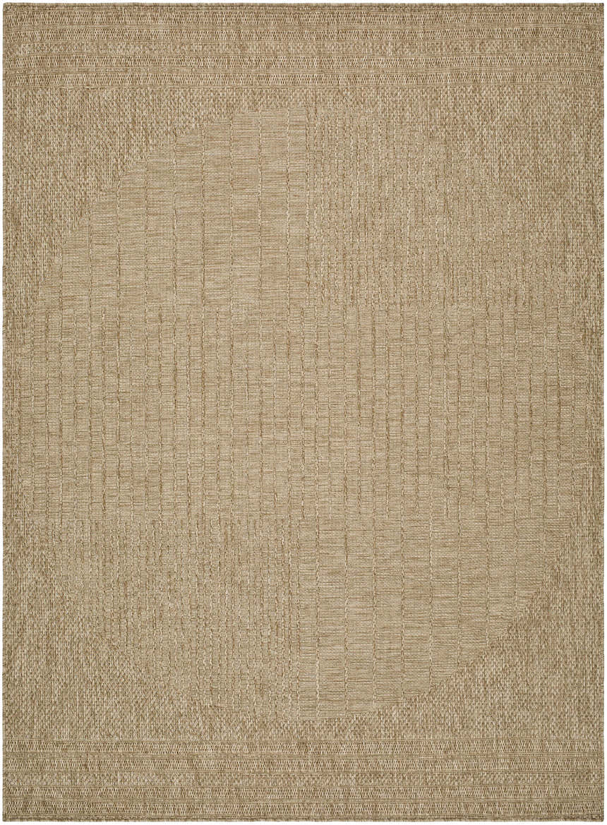 Close-up of the Yuley Brown Area Rug. Machine woven rug in prairie dust and tan with a subtle geometric pattern. Design-Rectangle-537