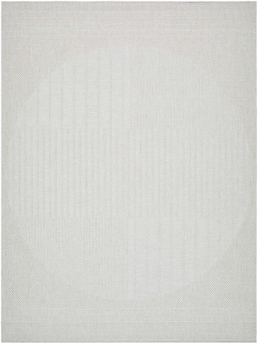 Close-up of the Yuley White Area Rug, featuring a subtle geometric pattern and light silver and gray tones. Design-Rectangle-537