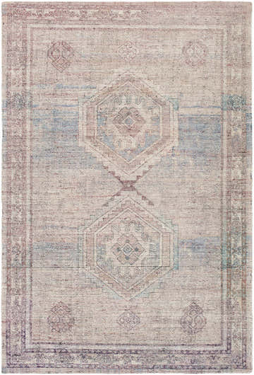 Close-up of the hand-tufted Yamka Area Rug. Beige rug with traditional diamond pattern in dusty rose and muted blue. Design-Rectangle-576