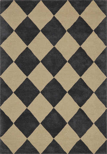 Close-up of the Aradia Charcoal Area Rug. Hand-tufted wool rug with a contemporary black and beige diamond pattern. Design-Rectangle