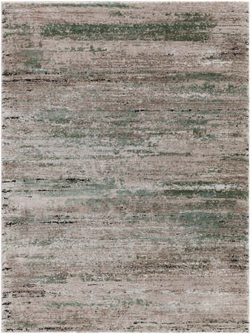 Close-up of the Zafer Luxe Thick Area Rug. Abstract design with ivory, tan, sage, and black horizontal striations. Design-Rectangle-537