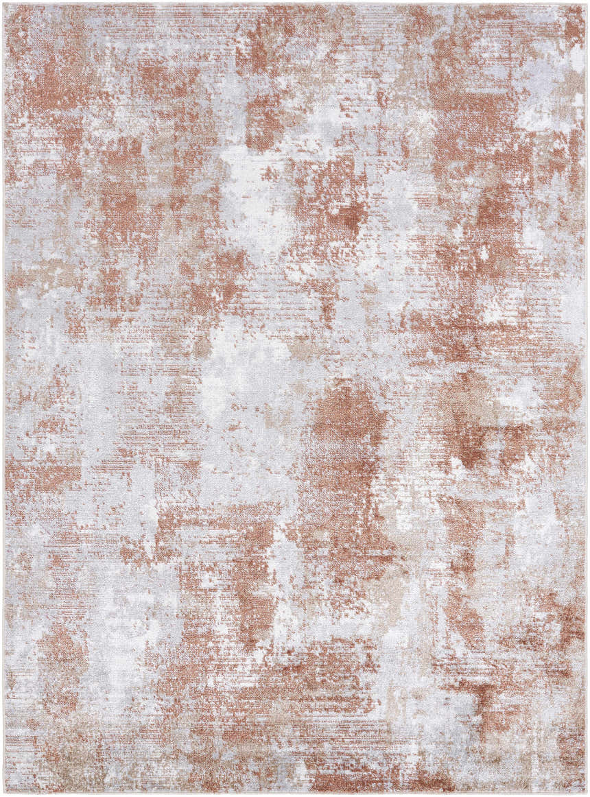 Close-up of the Anitra Brown Washable Area Rug. Features a contemporary brown, light gray, and white abstract design. Design-Rectangle-537