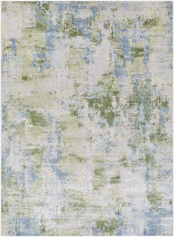 Close-up of Anitra Green Washable Area Rug. Contemporary design with green, light brown, navy, and olive hues. Machine woven texture. Design-Rectangle-537