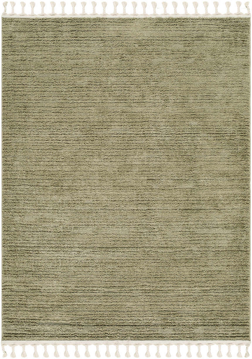 Close-up of the Annily Area Rug; olive green polypropylene rug with a subtle texture and white braided tassels. Design-Rectangle-573