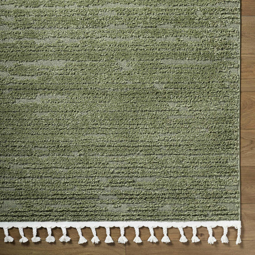 Close-up of the Annily Area Rug. Olive green rug with horizontal stripes and white tassels on a wood floor. Swatch