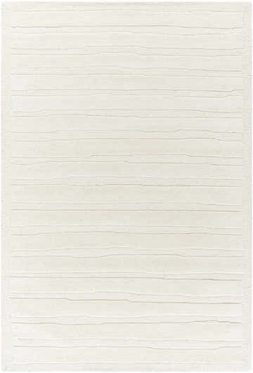 Close-up of the Zerah White Wool Area Rug featuring a subtle horizontal striped pattern and soft, textured wool. Design-Rectangle-576