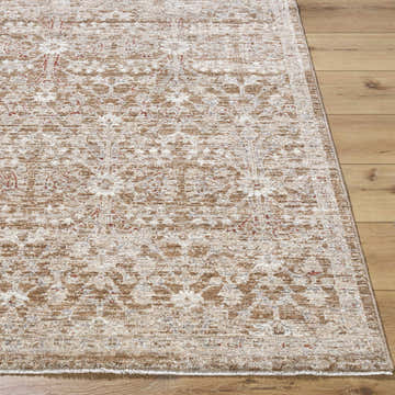 Close-up of Ammiel Tan Area Rug showing traditional pattern, cream, tan, burnt orange, and dark red colors. Front